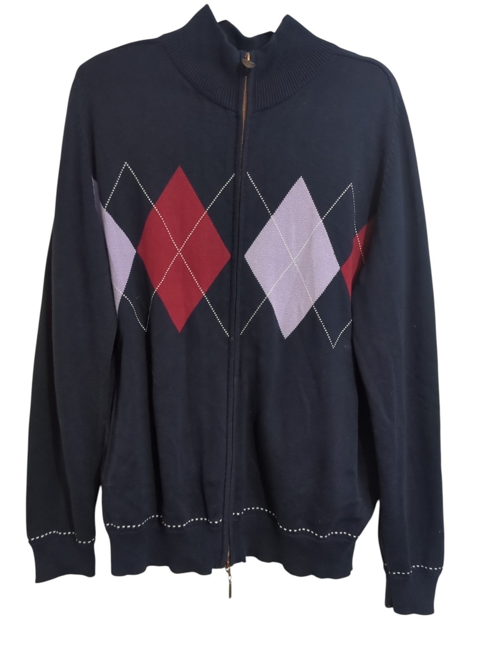 Russell Simmons Mens M Full Zip Cotton Argyle Cardigan Sweater Navy Y2K Preppy